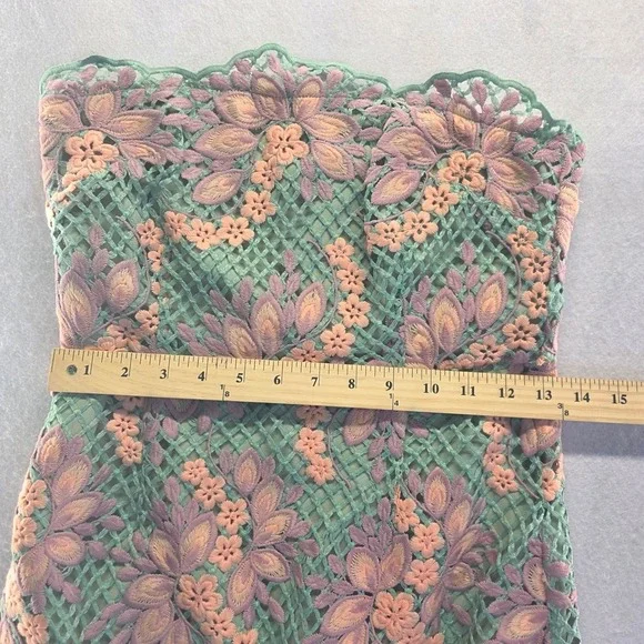 Foxiedox S Strapless Floral Lace Midi Dress Green Pink Scalloped Wedding Guest - Picture 5 of 7